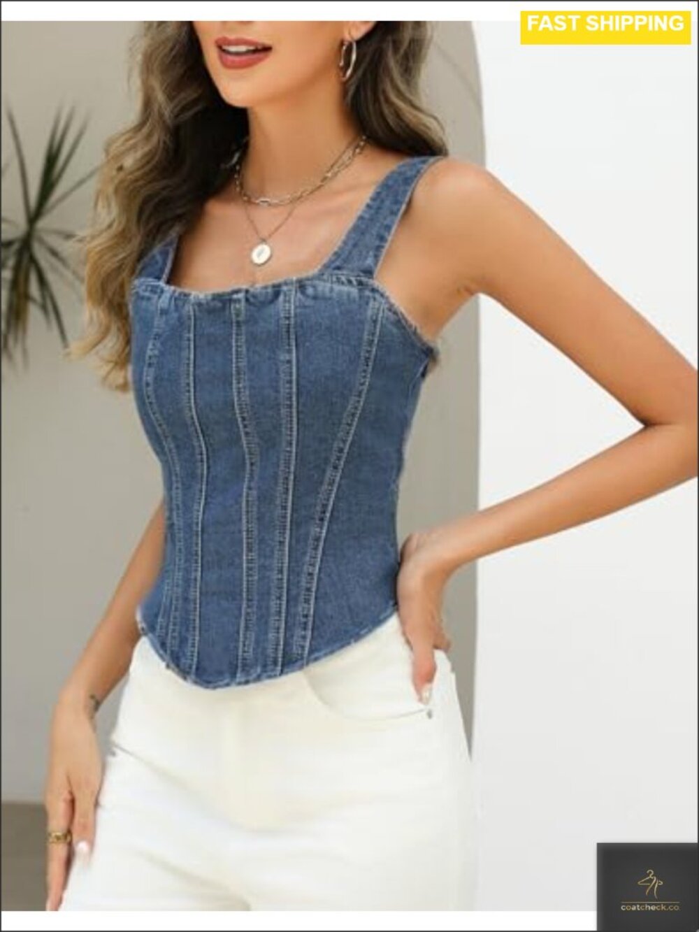 Denim Corset Top Square Neck Sleeveless Back Tie Cropped Slim Fit - Picture 3 of 6